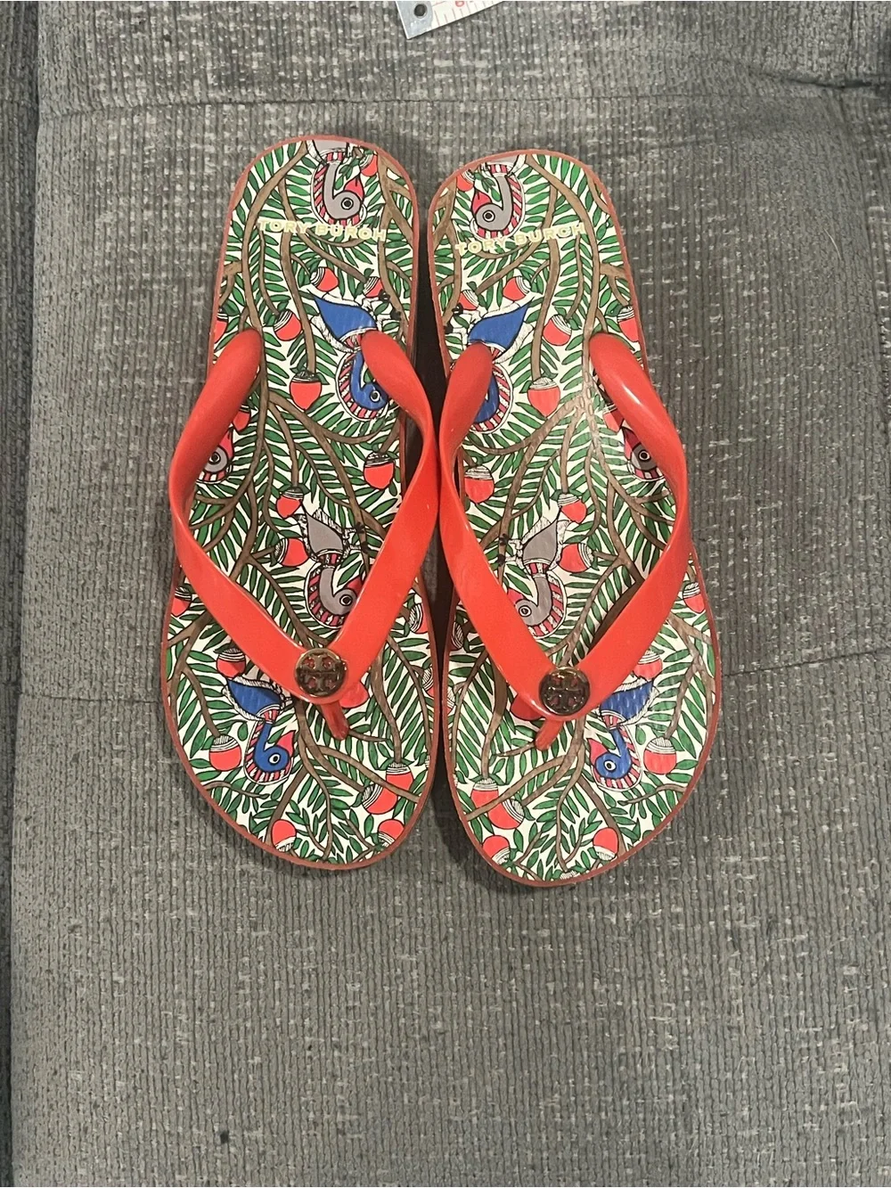 Tory Burch Red Strap Tropical Print Flip Flops
